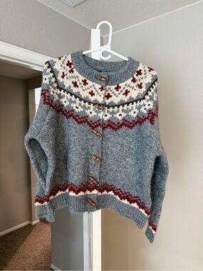 Lumiere Grey Fair Isle Wool Blend Cardigan with Red & Cream Accents
